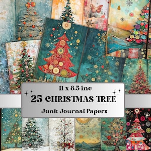 Kit de carnet de notes pour arbres de Noël, éphémères originaux de sapin de Noël, feuille de collage techniques mixtes, papier de scrapbooking de Noël, carte ATC de Noël fantaisiste