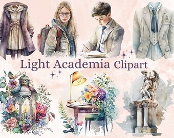 May include: A set of watercolor clipart images featuring a variety of light academia themes, including a student with a backpack, a student writing in a notebook, a lamp on a table with a book, a lantern with flowers, a jacket, and a statue of an angel. The text "Light Academia Clipart" is also included in the image.