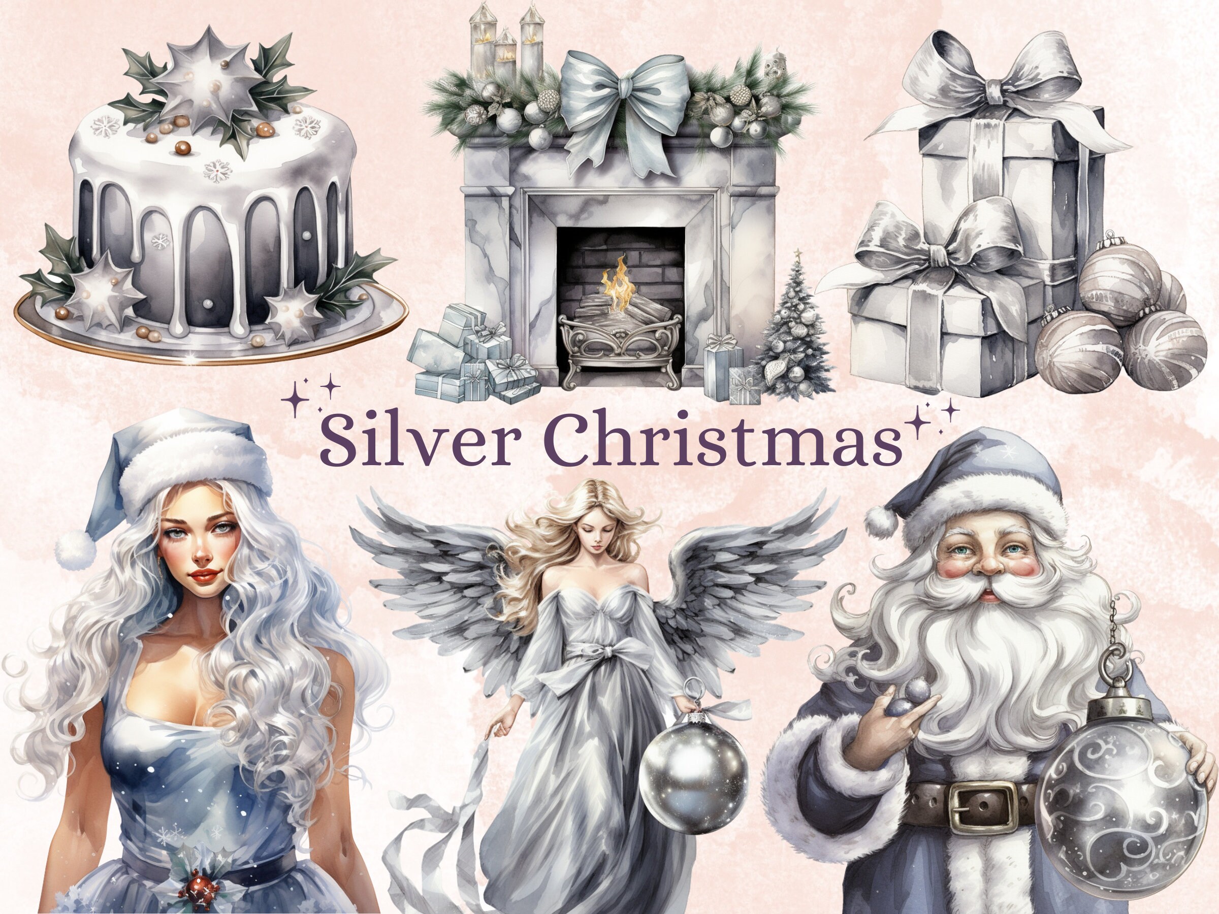 40 PNG 水彩シルバー クリスマス クリップアート、グレーの高級