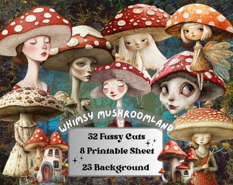 Whimsy Mushroomland Collage Kit, Whimsical Mushroom Ephemera, Woodland Fungi Sheet, Quirky Junk Journal Fussy Cut Sheet + Background Bundle