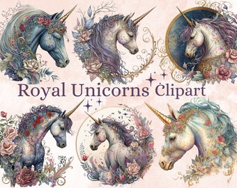 May include: Six digital illustrations of royal unicorns with intricate floral details and gold accents. The unicorns are depicted with flowing manes and tails, and each has a unique floral crown. The text "Royal Unicorns' Clipart" is displayed below the images.