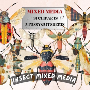 May include: A collection of mixed media insect illustrations. The image features various colorful insects, including beetles and butterflies, with detailed wings and bodies. Text reads "MIXED MEDIA" and "INSECT MIXED MEDIA".