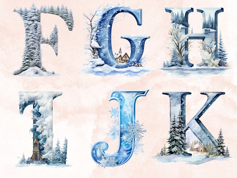 26 PNG Watercolour Winter Alphabet Clipart, Snowy Letters Clip art, Winter Wonderland Font png, Christmas Floral Alphabet Sublimation