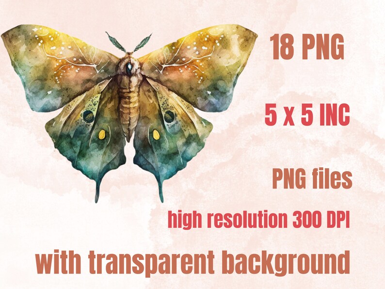 18 PNG Watercolour Magical Moths Clipart, Moths Fantasy style, Mystical Butterflies clipart, Fantasy Butterfly png bundle, Mystical Pagan png