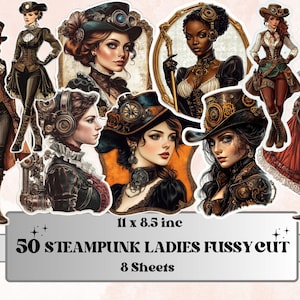 Whimsical Steampunk Lady Fussy Cut Pages, Vintage Woman Fussy Cut Ephemera Sheet, Steampunk Journal Add On Kit, Mixed Media Collage Sheet