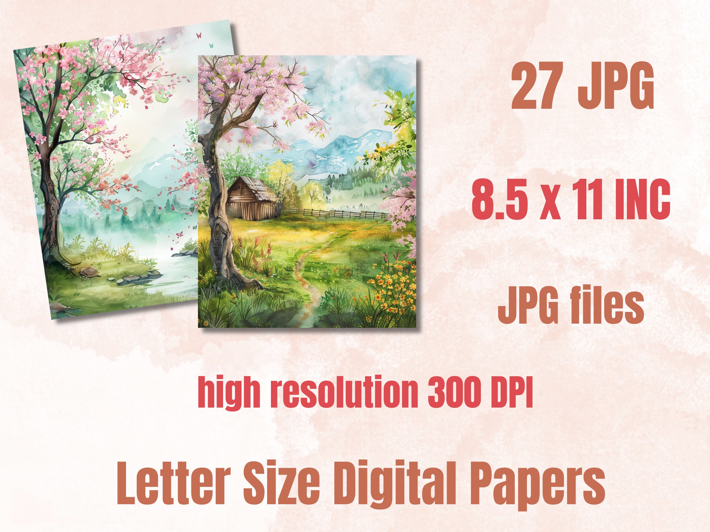 Printable Spring Scene Printable Watercolor Spring Digital Paper, Spring Scenes Ephemera ...