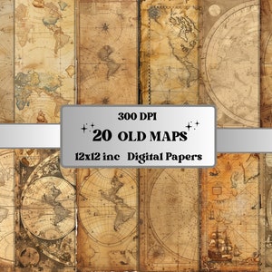 Paquet de papier numérique de textures de vieilles cartes, pages de journal indésirable de carte antique, textures de cartes grunge vintage, album de scrapbooking éphémère grungy imprimable