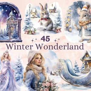 45 PNG acuarela Winter Wonderland Clipart, fantasía invierno ilustraciones clip art, cuento de hadas princesa de invierno png, sublimación de escenas nevadas
