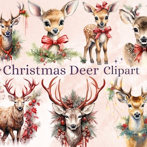 22 PNG Aquarell Weihnachten Hirsch Clipart, Frohe Weihnachten Rentier Clip Art Bundle, süße Rehkitz Grafik png, Xmas Noel Sublimation Bundle
