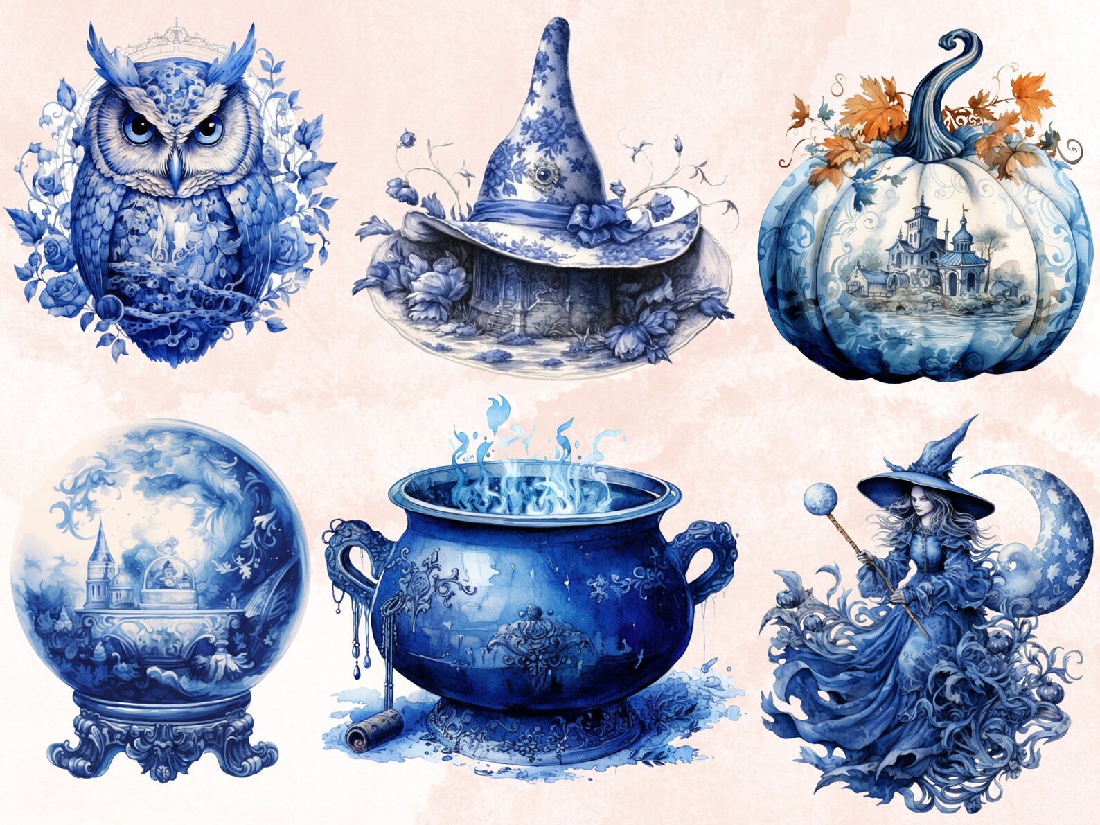 40 PNG Watercolour Delft Blue Witch Clipart, Witchcraft Clip Art, Witch ...