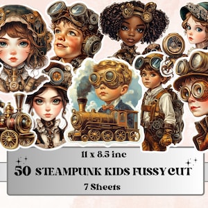 Whimsical Steampunk Kids Fussy Cut Pages, Vintage Kids Fussy Cut Ephemera Sheet, Steampunk Journal Add On Kit, Mixed Media Collage Sheet