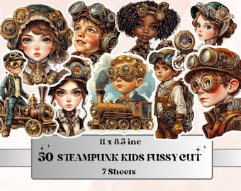Whimsical Steampunk Kids Fussy Cut Pages, Vintage Kids Fussy Cut Ephemera Sheet, Steampunk Journal Add On Kit, Mixed Media Collage Sheet