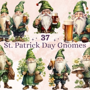 37 PNG Aquarell St. Patricks Tag Gnomes Clipart, vierblättriges Kleeblatt Illustrationen Clip art, irisches grünes Kleeblatt Png, Bierzwerg Sublimation