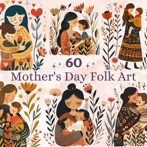 60 PNG Aquarell Muttertag Folk Art Clipart, skandinavische Muttertag Illustrationen, nordische Blumen Kunst png, Mama und Kind Sublimation