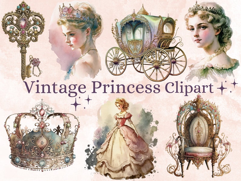 28 PNG Watercolor Vintage Princess Clipart, Princess Clip Art Watercolour Bundle, Princess Clipart PNG, Retro Princess PNG Image, Edwardian