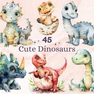 45 PNG Aquarell Niedliche Dinosaurier Clipart, Süße Dino Baby Shower Illustration Clip Art, Dino Kinderzimmer png, Dinosaurier Geburtstag Party Sublimation