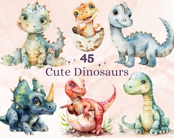 45 PNG Watercolor Cute Dinosaur Clipart, Cute Dino Baby Shower Illustration Clip art, Dino Nursery png, Dinosaur Birthday Party Sublimation