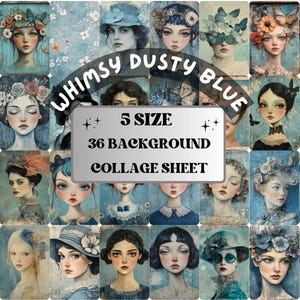 Whimsy Dusty Blue Collage Paper Kit, Surreal Blue Mixed Media Sheet, Whimsical Dusty Ephemera Images, Grunge Quirky Journal, Scrapbook Paper