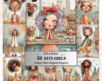 Quirky City Girls Digital Paper Pack | Whimsy Urban Fashion Women Junk Journal Scrapbook Printable, 32 Sheets Letter Size Instant Download
