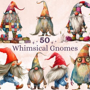 50 PNG Gnomos caprichosos de acuarela, clip art de ilustraciones de gnomos divertidos y extravagantes, lindo gnomo de jardín png, sublimación caprichosa de dibujos animados