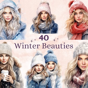 40 PNG Watercolor Winter Beauties Clipart, Cozy Winter Lady Illustrations Clip art, Winter Fashion Woman Png, Winter Girl Sublimation