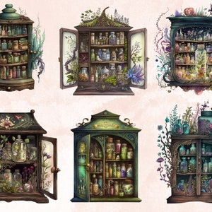 20 PNG Watercolor Witches Apothecary Cabinet Clipart, Wiccan png, magic clip art, mystical clipart, witchcraft png clipart, Potion clipart