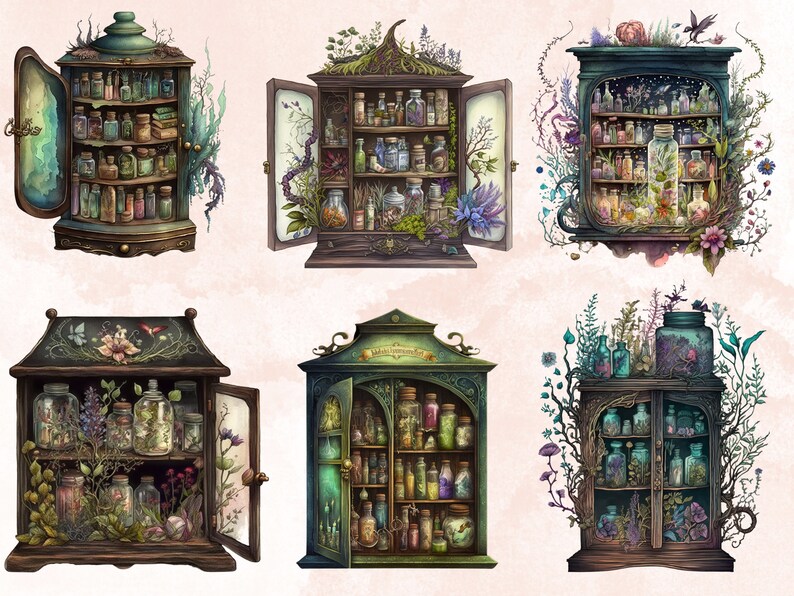 20 PNG Watercolor Witches Apothecary Cabinet Clipart, Wiccan png, magic clip art, mystical clipart, witchcraft png clipart, Potion clipart