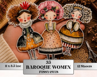 Baroque Woman Fussy Cut Printable, 35 Quirky Vintage Girl Cutouts, Rococo Ephemera Junk Journal Scrapbook Sheets