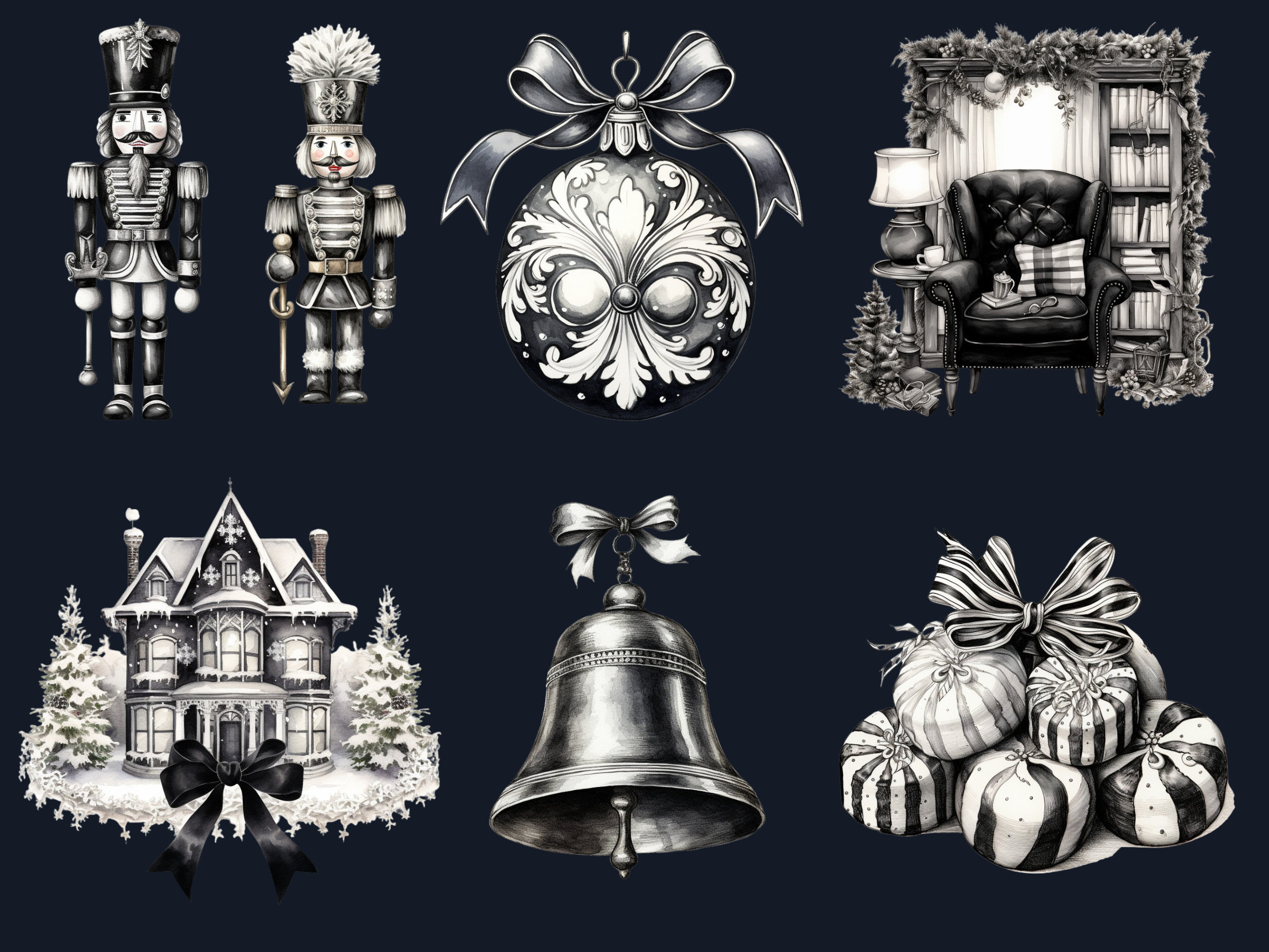 45 PNG acuarela blanco y negro Navidad Clipart, vieja ilustración de  Navidad Clip art, nostalgia vacaciones de invierno png, adornos de Navidad  Noel - Etsy México, image size:2400x1800