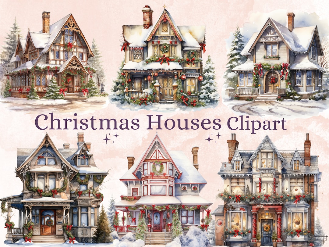 27 PNG Watercolor Christmas House Clipart, Merry Christmas Cottage
