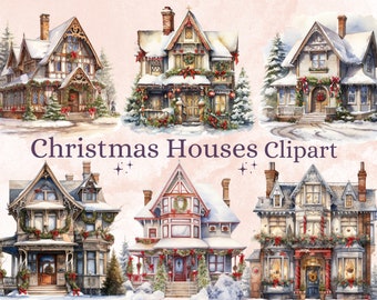 27 PNG Watercolor Christmas House Clipart, Merry Christmas Cottage House Clip art, Winter Village Holiday graphic png, Xmas Noel Sublimation