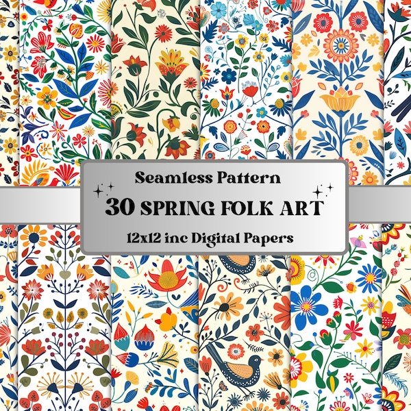 Seamless Scandinavian Spring Digital Paper, Spring Folk Art Seamless Pattern, Ethnic Background, Spring Nordic Pattern, Scrapbook Paper