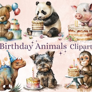 28 PNG Watercolour Birthday Animals Clipart, Funny Birthday Party Animal PNG Bundle, animal with baloons clip art, Happy Birthday Clip Art