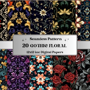 Seamless Gothic Flowers Digital Paper, Gothic Floral Seamless Pattern, Dark Fantasy Collage Paper Pack, Floral Textures, Gothic Junk Journal