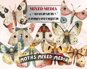 Whimsical Moths Mixed Media Clipart, Whimsy Butterfly Fussy Cut Collage Sheet, Quirky Cut Out Ephemera, PNG + JPG for Scrapbooking, Journal