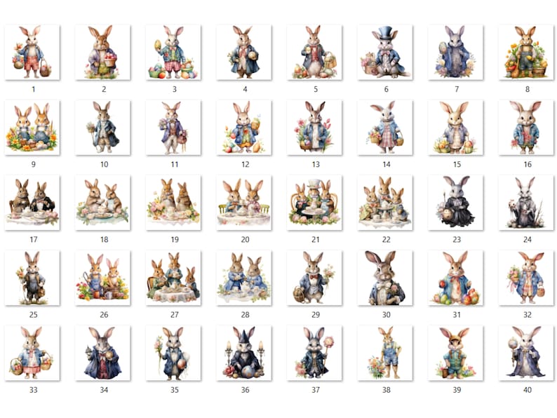 40 PNG Watercolor Easter Bunny Clipart, Floral Easter Rabbit Illustrations Clip art, Garden Farmer Bunny Sublimation, Rabbit Tea Party Png