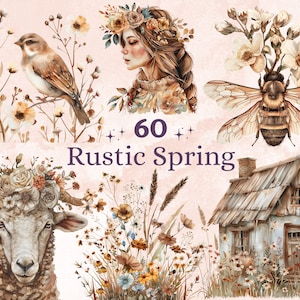 60 PNG aquarelle rustique printemps Clipart, Boho Floral printemps Boho Illustrations Clip art, animaux de la campagne Png, sublimation de la nature chalet