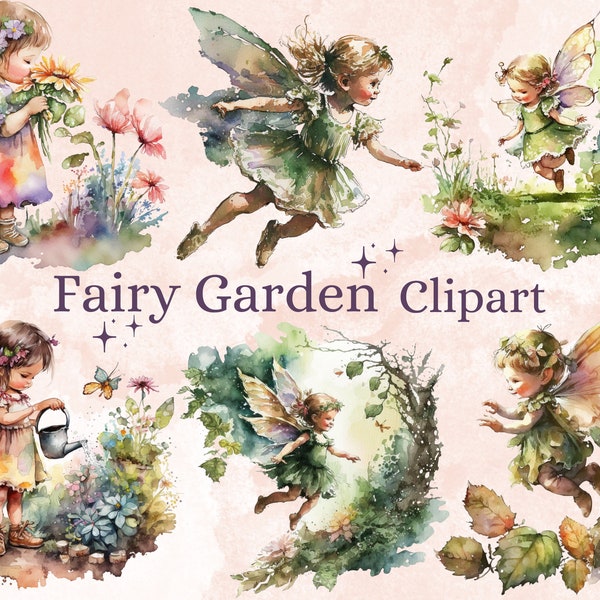 26 PNG aquarelle fée jardin Clipart, forêt enchantée fée PNG Bundle, graphiques de conte de fées, Floral petites fées Fairyland Clip art