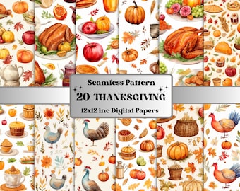 Seamless Watercolor Thanksgiving Digital Paper Pack, Pumpkin Harvest Seamless Pattern, Rustic Autumn Background, Cozy Fall Scrapbook Papers
