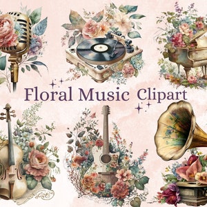 33 PNG 水彩花柄音楽クリップアート、楽器 PNG クリップアート バンドル、音楽クリップアート、音楽クリップアート、商用利用のためにダウンロード