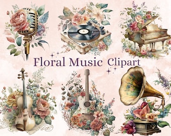 May include: Watercolor illustrations of musical instruments adorned with flowers. Includes a vintage microphone, record player, piano, violin, guitar, and gramophone. The text "Floral Music Clipart" is displayed in the center.