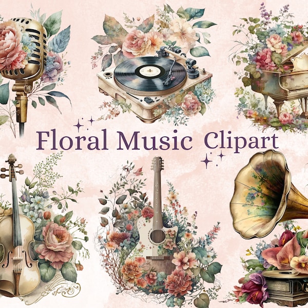 33 PNG Watercolor Floral Music Clipart, Musical instruments PNG Clip art Bundle, Musical Clipart, Music clipart, download for commercial use