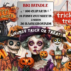 Whimsy Trick or Treat Collage Elements Bundle, Creepy Halloween Fussy Cut, Quirky Spooky Clipart, Whimsical Junk Journal, Mixed Media Sheet