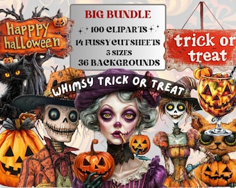 Whimsy Trick or Treat Collage Elements Bundle, Creepy Halloween Fussy Cut, Quirky Spooky Clipart, Whimsical Junk Journal, Mixed Media Sheet