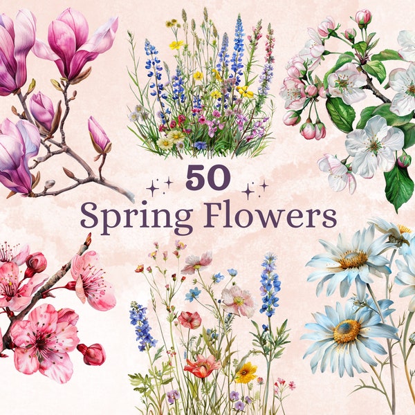 50 PNG Watercolor Spring Flowers Clipart, Floral Spring Meadow Illustrations Clip art, Blooming Wildflower Png, Nature Botanical Sublimation