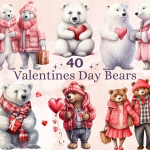40 PNG acuarela San Valentín Osos Clipart, Precioso Día de San Valentín Oso Pareja Ilustraciones Clip art, Lindo Amor Animales Png Sublimación