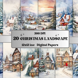 Printable Watercolor Christmas Landscape Digital Paper, Christmas Scenes, Noel Xmas Pages, Download Junk Journal, Scrapbooking, Card Making