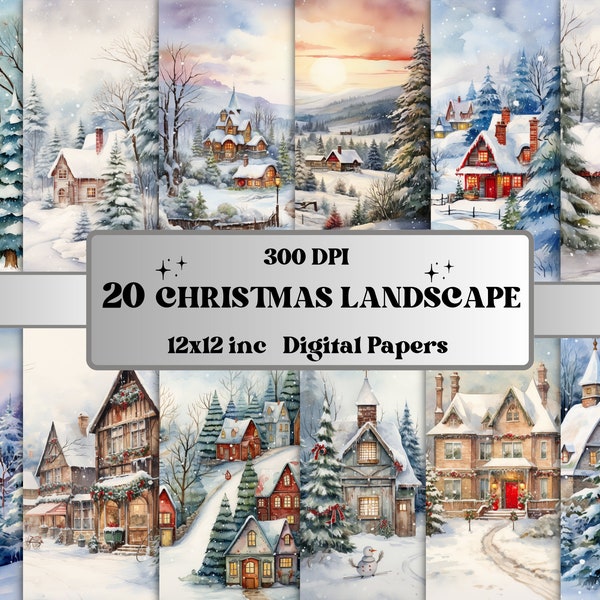 Printable Watercolor Christmas Landscape Digital Paper, Christmas Scenes, Noel Xmas Pages, Download Junk Journal, Scrapbooking, Card Making