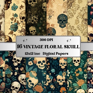 Vintage Floral Skull Digital Paper, Skull Blumen digitales Papier Pack, Skelette und Vintage Blumen für Journal und Scrapbooking Seiten Pack