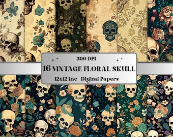 Vintage Floral Skull Digital Paper, Skull flowers digital paper pack, skeletons and vintage flowers for journal and scrapbooking pages pack